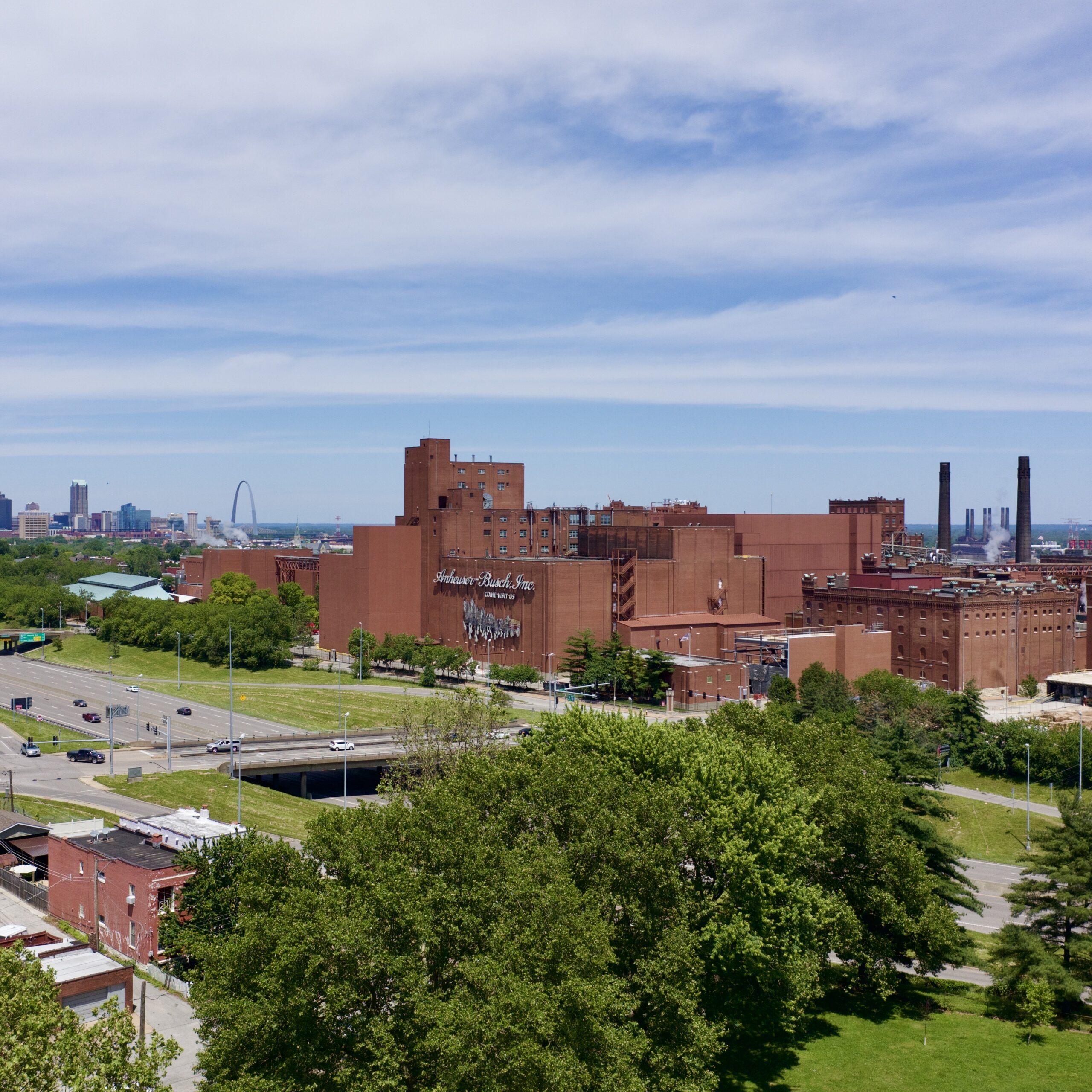 Drone photography of St Louis' Anheuser Busch building. 